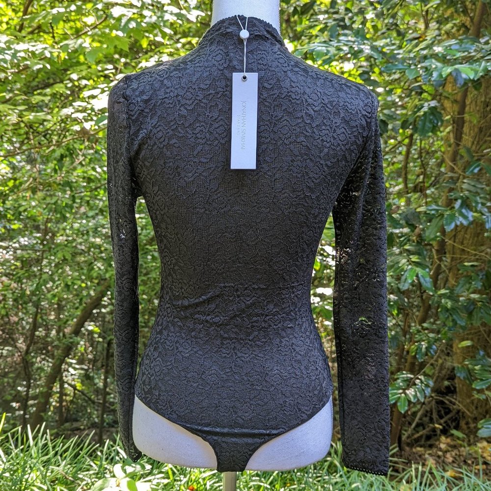 JONATHAN SIMKHAI Stretch Lace Bodysuit Long Sleeves in Semi Sheer Black Sz Small - Picture 11 of 11